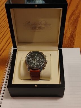 Brooks Brothers Black Dial Watch with Brown Leather Strap